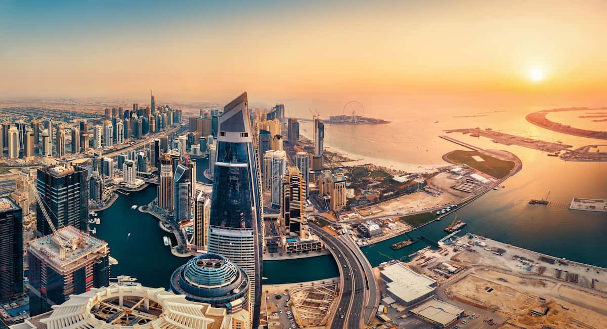 Dubai skyline at sunset overlooking the waterfront