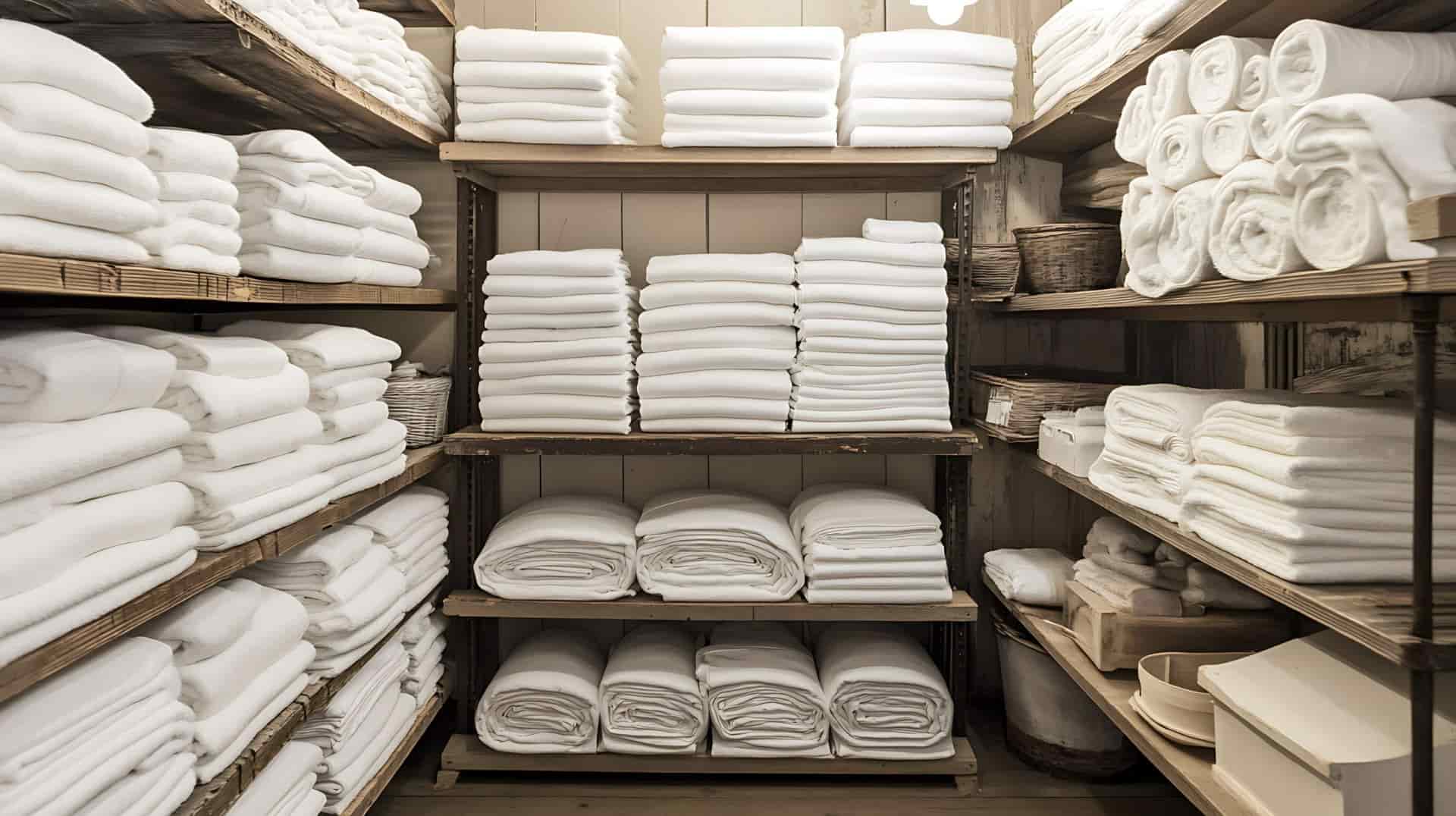 Organized hotel linen storage room with folded towels