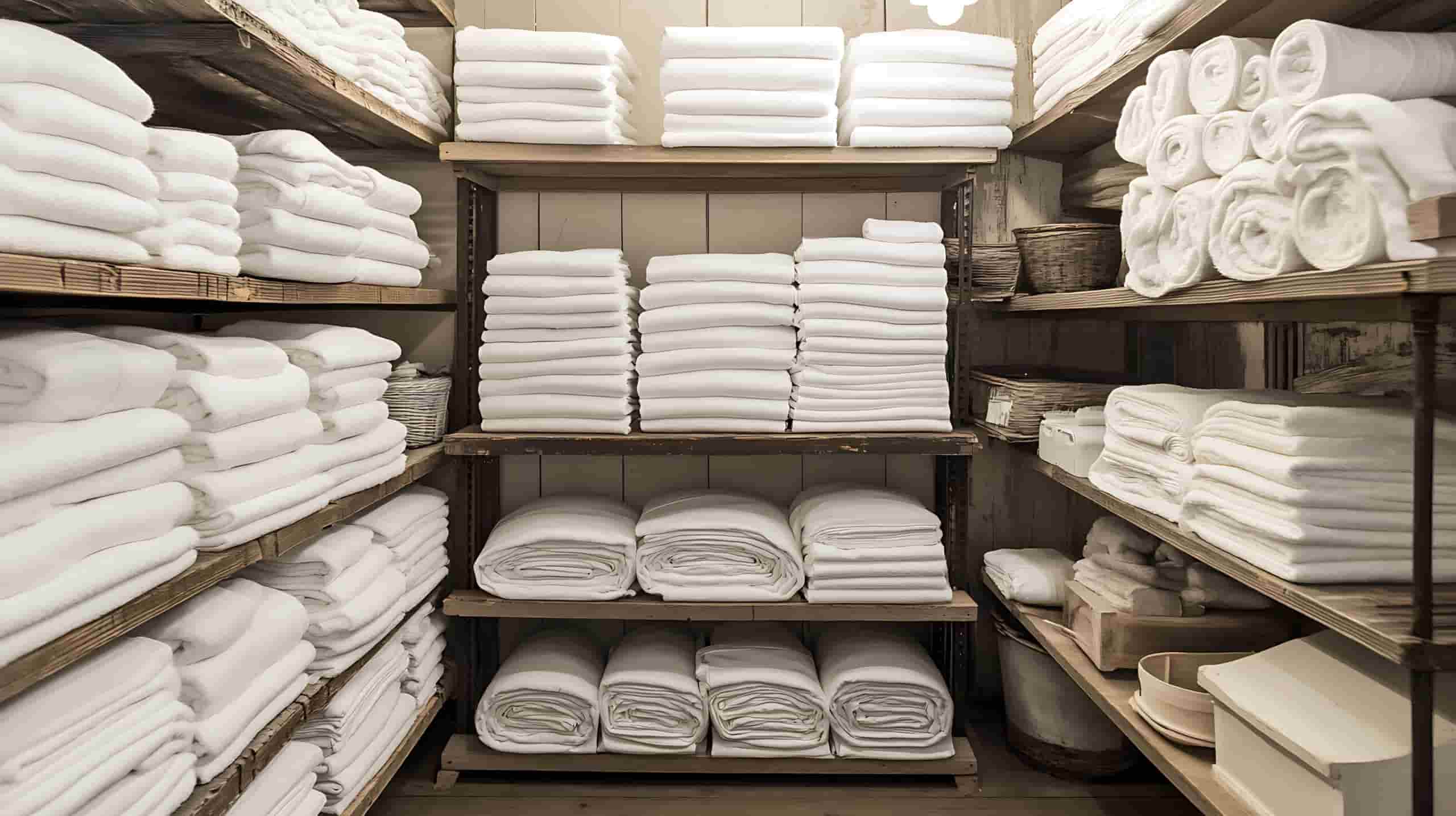 Organized hotel linen storage room with folded towels