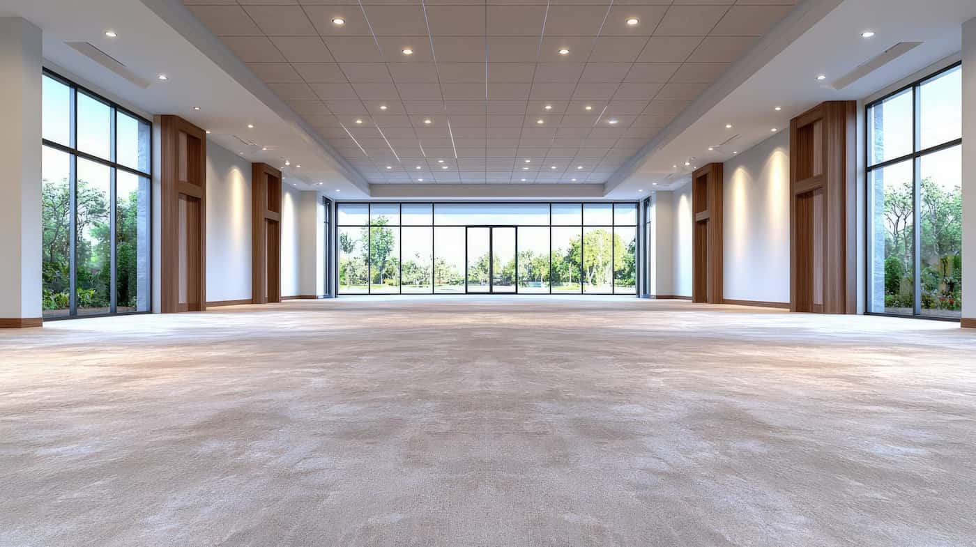 Empty modern commercial office space with large windows