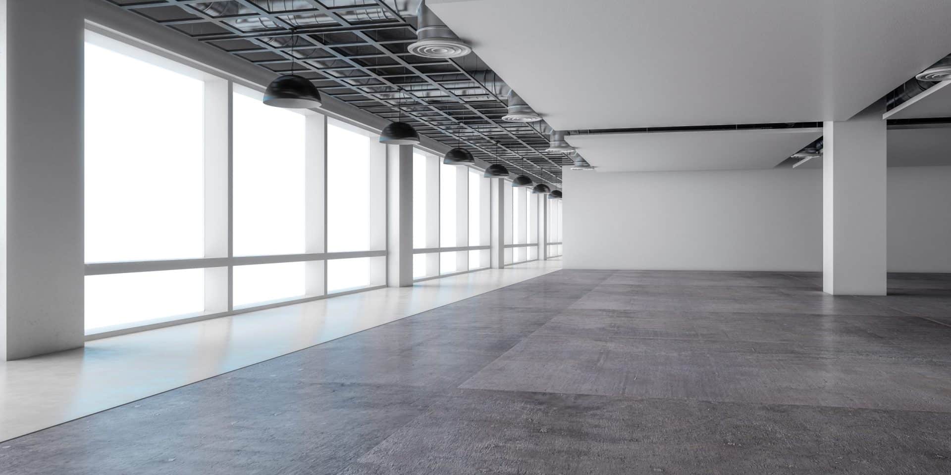 Industrial warehouse interior with polished concrete floors