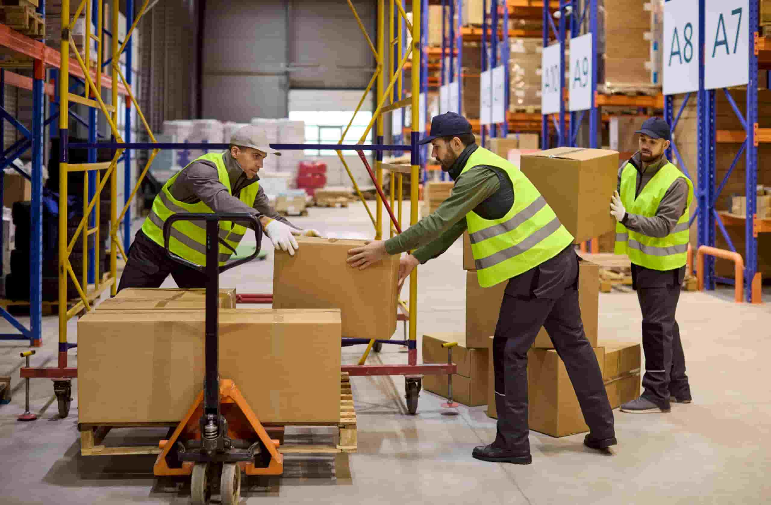 Workers sorting packages in a warehouse