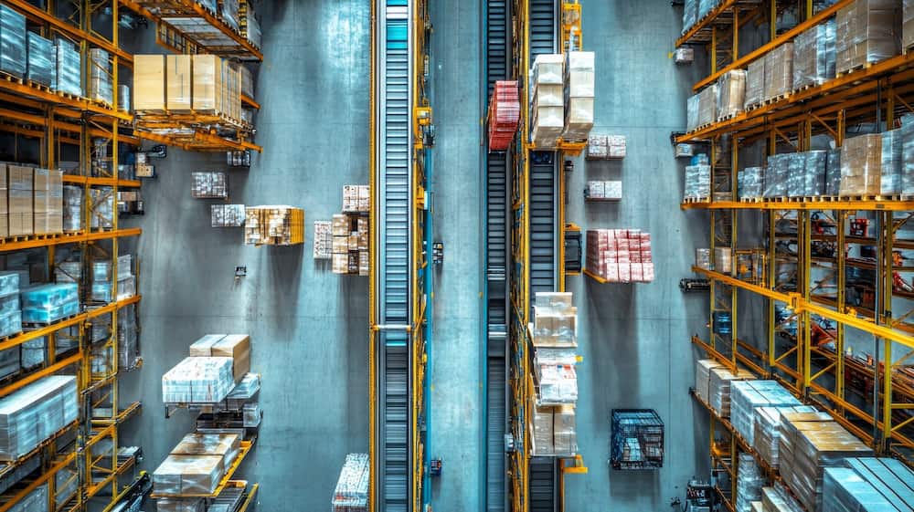 High-density warehouse storage racks with inventory