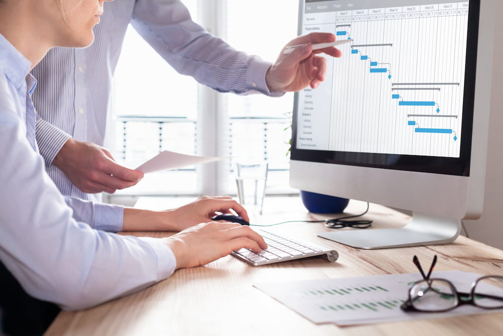 Business professional reviewing website analytics on a desktop computer