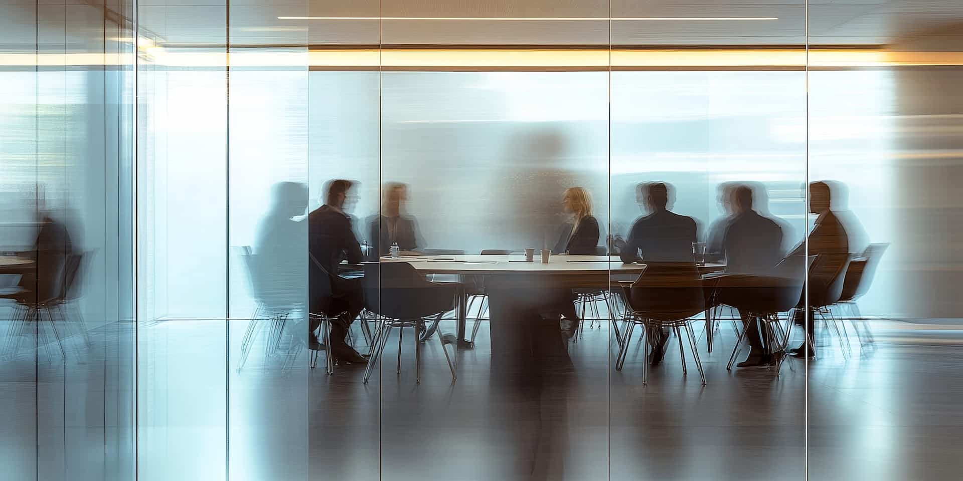 Corporate meeting room with team members seated around conference table