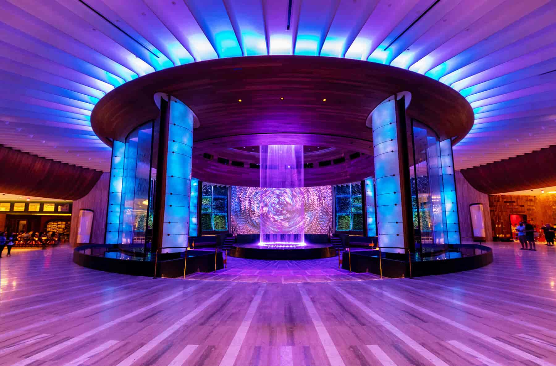 Hard Rock Hotel entrance illuminated with purple architectural lighting