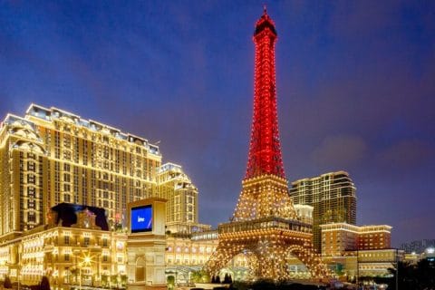 Parisian Macao resort with illuminated Eiffel Tower replica