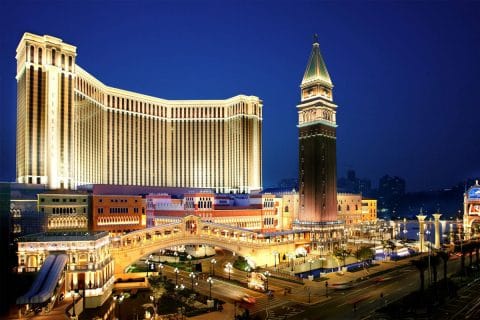 The Venetian Macao luxury resort illuminated at night