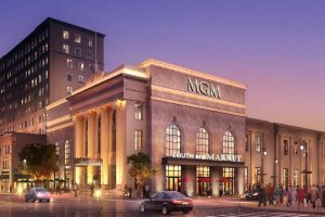 MGM Springfield casino entrance illuminated at dusk
