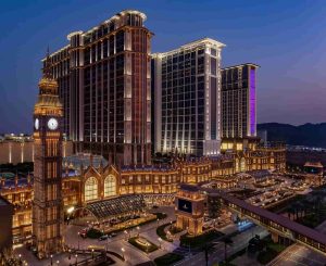 Luxury hotel tower exterior at dusk